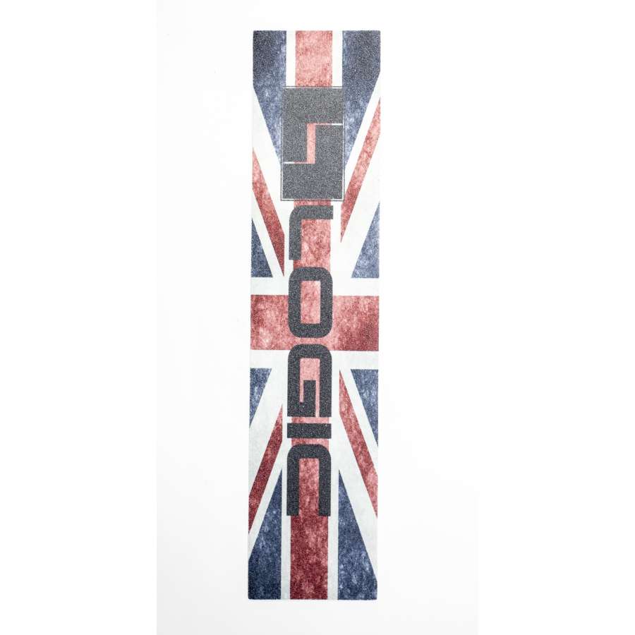 A vertically oriented graphic features the word "Logic" in bold black letters against a Union Jack flag backdrop, enhanced by a medium grain texture for an ultra-grippy finish reminiscent of Logic V2 Stunt Scooter Griptape.