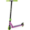 The Xootz Complete Stunt Scooter - Toxic Purple is ideal for younger riders, featuring a black handlebar and a deck with graphic designs. Bright green wheels and grips provide flair for beginners eager to make their mark.