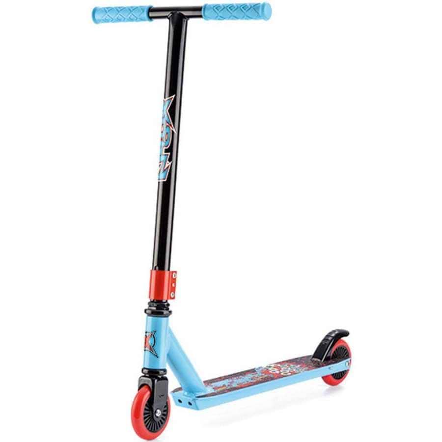 The Xootz Complete Stunt Scooter - Slasher Blue is a vibrant stunt scooter featuring a vivid design. It includes a black handlebar with blue grips and a light blue deck, making it ideal for younger riders who are learning tricks. The scooter is equipped with striking red wheels and stands upright against a white background.