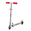 Introducing the Xootz Foldable LED Push Scooter - Red: A stylish silver scooter featuring vibrant red foam handlebars, a sleek black platform, and newly enhanced light-up wheels. It boasts a height-adjustable handlebar for personalized comfort and includes a rear brake to ensure safety.