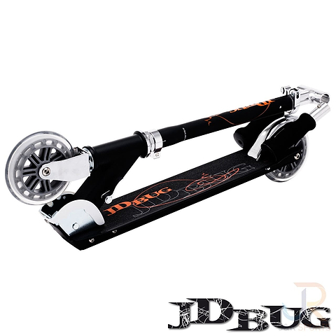 The JD Bug Classic Street 120 Kids Foldable Kick Scooter in Matt Black features a horizontal alignment, matt black foldable design, silver wheels with orange graphics, and sports the JD Bug logo prominently.
