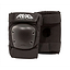 The REKD Ramp Elbow Skate Protection Pads in black, engineered with impact-resistant reinforced plastic caps and adjustable straps, are designed for action sports. The pads are displayed on a white background, one highlighting the front and the other featuring the back with a circular opening.