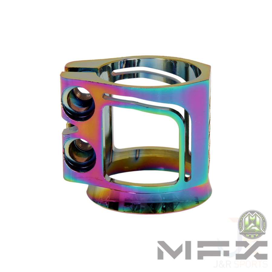 Presenting the Madd Gear MGP MFX X2 Cobra 2 Bolt Oversized Stunt Scooter Clamp in Neochrome: an eye-catching clamp with a dual-bolt design. It features CNC machined logos and displays a striking blend of blue, pink, and green colors. These clamps deliver both style and durability, with the J&R Sports logo positioned at the bottom right corner of the image.