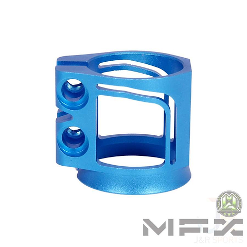 Madd Gear MGP MFX X2 Cobra 2 Bolt Oversized Stunt Scooter Clamp in blue, crafted with geometric cutouts and two screw holes from T6 aluminium alloy, featuring the "MFX" logo in the bottom right corner.