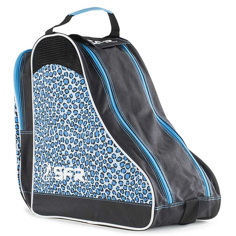 Introducing the SFR Designer Ice & Skate Bag - Blue Leopard by SFR, a chic ski boot bag adorned with a striking blue leopard print, complemented by black accents and blue zippers. This water-resistant bag is designed with a convenient top handle for easy carrying and features ventilated panels to ensure your gear stays fresh.