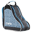 Introducing the SFR Designer Ice & Skate Bag - Blue Leopard by SFR, a chic ski boot bag adorned with a striking blue leopard print, complemented by black accents and blue zippers. This water-resistant bag is designed with a convenient top handle for easy carrying and features ventilated panels to ensure your gear stays fresh.