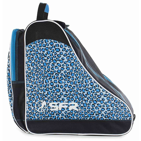 Introducing the SFR Designer Ice & Skate Bag in Blue Leopard, a chic skate bag that boasts a striking blue leopard print with black accents. It prominently displays the white "SFR" logo on the side. Tailored for roller skates, this bag comes with ventilated panels to ensure optimal airflow and features a convenient black handle at the top for easy transport.