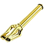 The Root Industries AIR SCS/HIC Stunt Scooter Forks - Gold is a lightweight scooter fork with a golden metallic finish. It features a cylindrical stem and a forked base compatible with 120mm wheels, along with a bolt at the bottom for secure attachment, ensuring both style and functionality.