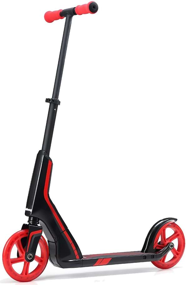 The JD Bug Pro Commute 185 Foldable Scooter by JD Bug, with its black and red color scheme, features large red wheels and ergonomic handgrips on an adjustable handlebar. Its sleek, modern design incorporates a Dual Bearing System for smooth rides, presented against a pristine white background.