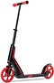 The JD Bug Pro Commute 185 Foldable Scooter by JD Bug, with its black and red color scheme, features large red wheels and ergonomic handgrips on an adjustable handlebar. Its sleek, modern design incorporates a Dual Bearing System for smooth rides, presented against a pristine white background.