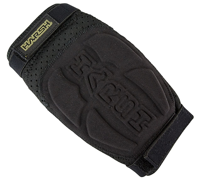 The Harsh Pro FlexFit Elbow Gasket Skate Protection Pad in black offers multi-point padding and a strap for secure fitting. It is designed with ventilation holes and features a prominent Harsh logo in the center.