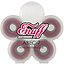 Picture of a clover-shaped clear plastic case containing four water-resistant skateboard bearings with white centers. The container displays the text "Enuff ABEC 7 Skateboard Bearings - 8 Pack," emphasizing their precision-finished quality, along with a website link.