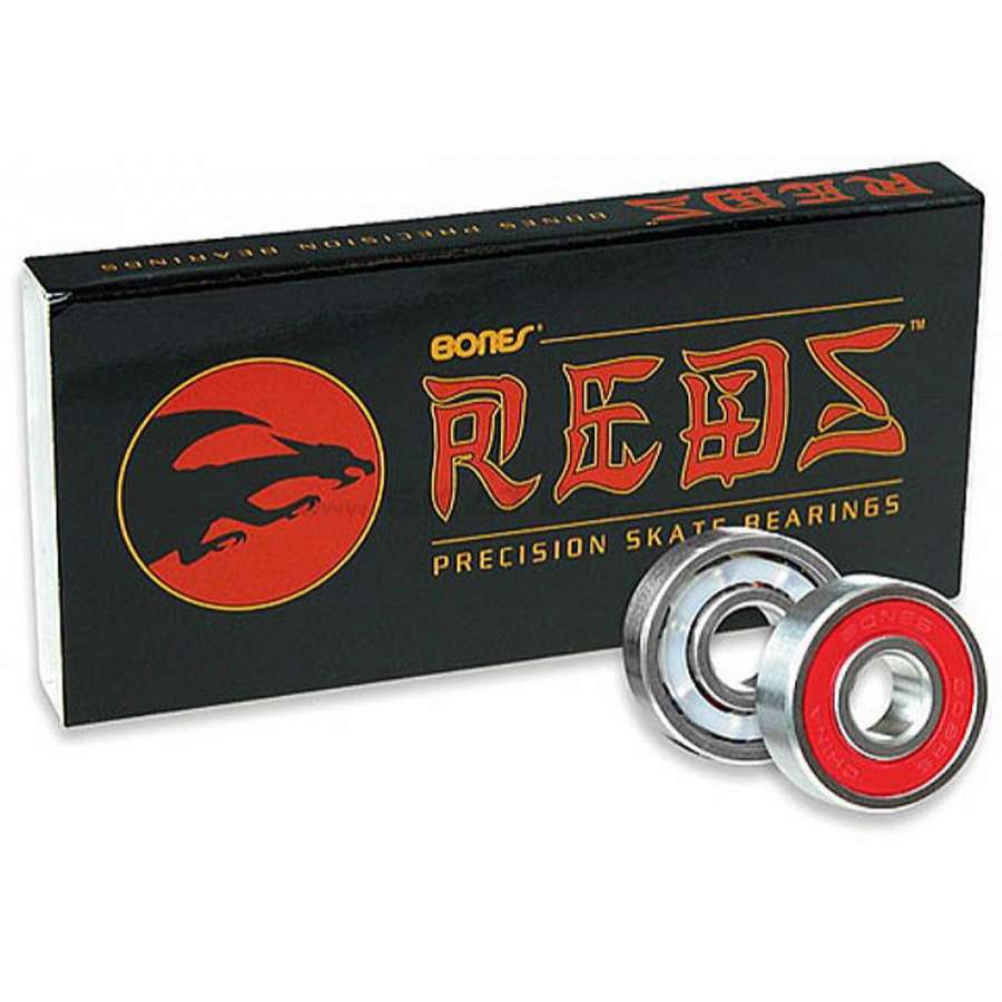 Bones REDS Skateboard Bearings - 8 Pack, widely favored in the extreme sports community, with two metal and red bearings prominently showcased in the front.