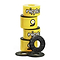 Five cylindrical yellow objects stacked vertically, each marked "Nipples" with a number nine, highlight the high-rebound urethane of the Orangatang Nipples Yellow Longboard Bushings - Hard 89A. Perfect for carving and freestyle, they are accompanied by three circular dark discs featuring textured patterns placed beside the stack.