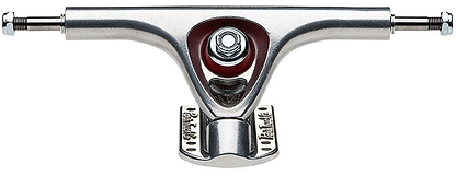 Close-up of a Paris V3 Polished Chrome Longboard Truck in polished chrome with red accents and visible Paris branding. The detailed metal structure of the truck, crafted using a proprietary alloy forming process and T6 heat treatment, is showcased against a plain white background.