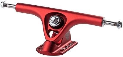 The Paris V3 Scarlet Red Longboard Trucks (Pair) - 180mm, by Paris, offer a metallic finish in vibrant red. They feature a detailed baseplate with an engraved logo, a strong kingpin, and a polished hanger. Known for their durability, these trucks also include mounting holes for easy installation.