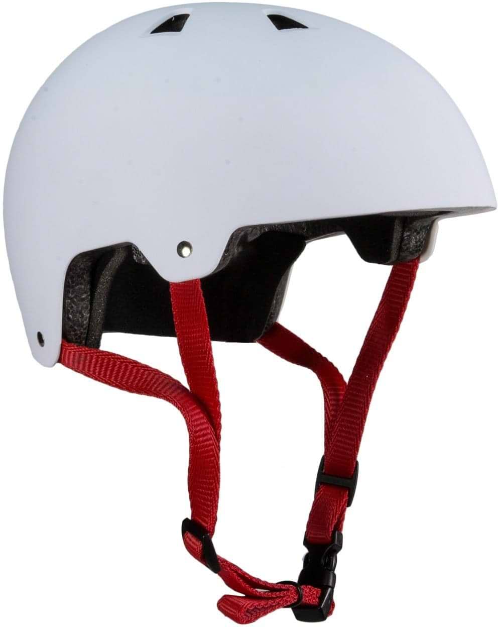 Introducing the Harsh ABS Skate / Scooter Helmet in White, crafted with a high-impact absorbing smooth surface and equipped with two top ventilation holes. This stylish helmet from Harsh features a striking red adjustable chin strap and a black buckle, ensuring both protection and fashion for scooter enthusiasts.