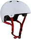 Introducing the Harsh ABS Skate / Scooter Helmet in White, crafted with a high-impact absorbing smooth surface and equipped with two top ventilation holes. This stylish helmet from Harsh features a striking red adjustable chin strap and a black buckle, ensuring both protection and fashion for scooter enthusiasts.