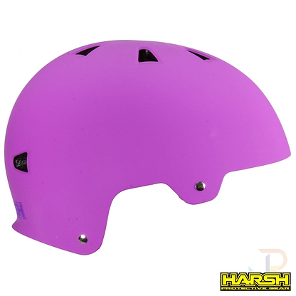 Introducing the "Harsh ABS Skate / Scooter Helmet" in pink, boasting ventilation holes and silver rivets on the side. This helmet features a durable ABS shell to ensure maximum protection for cycling or skateboarding activities. An EPS foam liner inside enhances safety, while the "Harsh Protective Gear" logo is elegantly displayed in the bottom right corner.