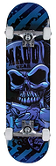 The Madd Gear MGP Pro Series Hatter Blue / Black Complete Skateboard, measuring 8" x 31", showcases a dark and edgy design with a striking skull graphic in blue and black. Featuring "MADD GEAR" text, this skateboard is equipped with ABEC 3 bearings, white wheels, silver trucks, and a durable 9-ply maple deck. It offers both style and performance for skaters seeking an impressive ride.