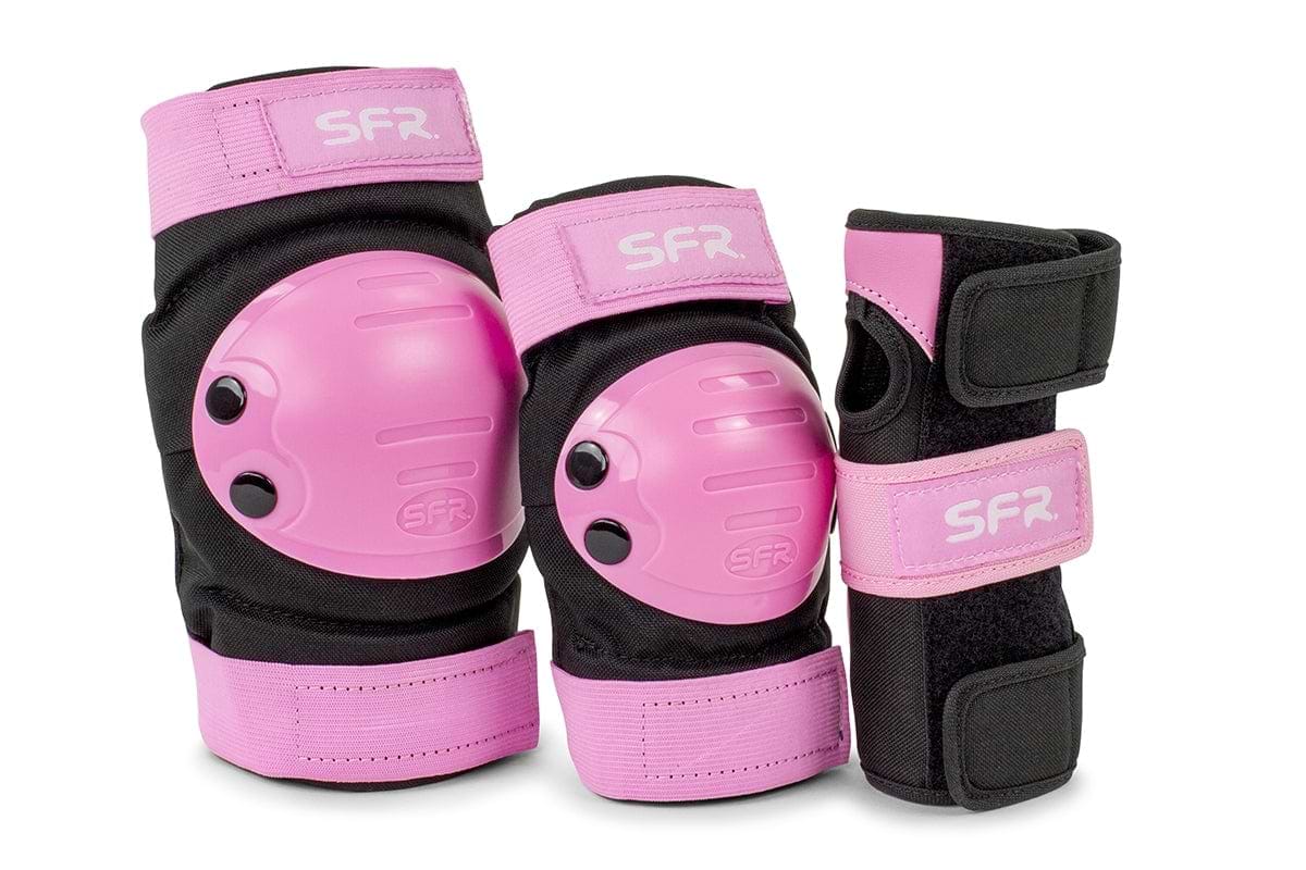 The SFR Youth Ramp Triple Skate Protection Pad Set in Black and Pink includes knee pads, elbow pads, and wrist guards. Each piece features a pink adjustable strap with the SFR logo prominently displayed on the pads, providing premium protection for young skateboarders. The set offers enhanced safety with durable impact caps and stylish black accents.