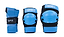 The SFR Youth Ramp Triple Skate Protection Pad Set in black and blue, featuring wrist guards, knee pads, and elbow pads arranged in a row, is perfect for recreational skaters. These pads provide enhanced safety with impact caps.
