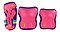 Introducing the SFR Essentials Junior Triple Skate Protection Pad Set - Tropical, a lively and colorful ensemble for skaters. This set includes knee and elbow pads in vivid purple and pink, enhanced by durable impact caps, and accented with yellow and blue straps for a striking tropical design.