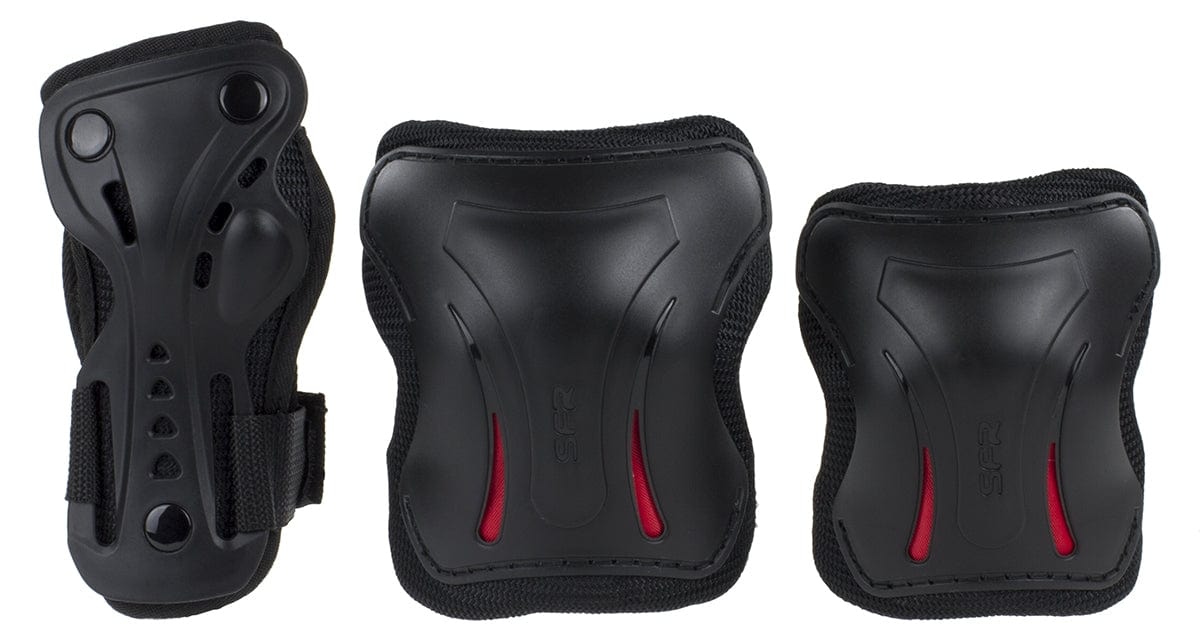The Legacy Ventus Gold Stunt Scooter Starter Bundle by Legacy includes three black protective gear pieces: a wrist guard and two knee or elbow pads with red accents, all featuring hard plastic shells and secure fabric straps.