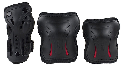 The Legacy Ventus Gold Stunt Scooter Starter Bundle by Legacy includes three black protective gear pieces: a wrist guard and two knee or elbow pads with red accents, all featuring hard plastic shells and secure fabric straps.