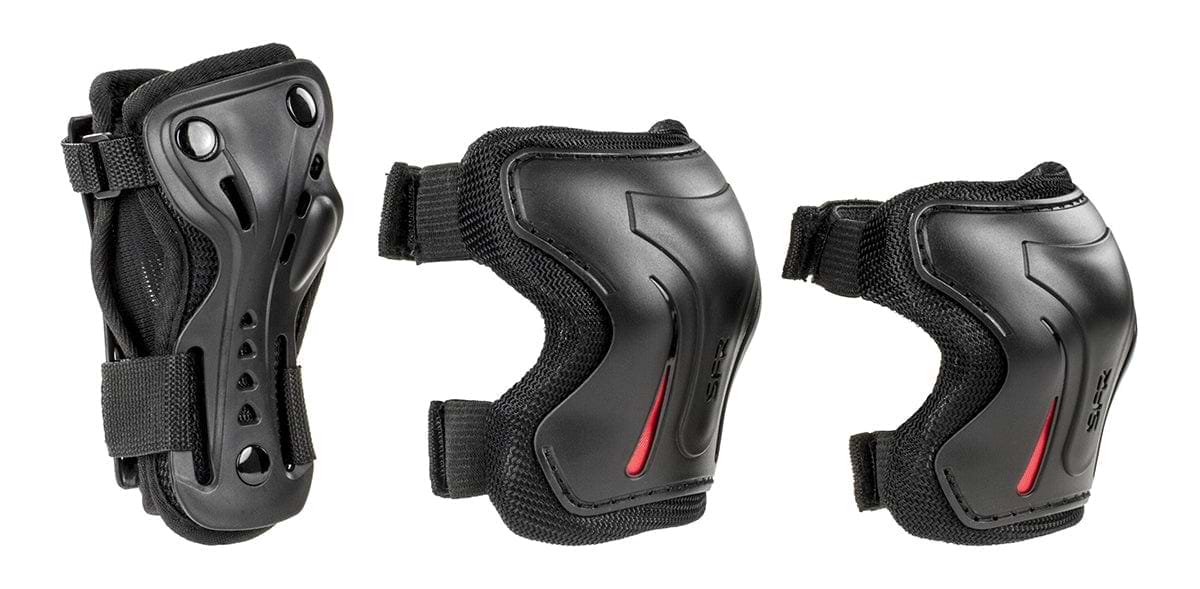 The SFR Essentials Junior Triple Skate Protection Pad Set - Black provides entry-level protection with three black pieces: a wrist guard, an elbow pad, and a knee pad. Each piece includes impact caps, adjustable straps, and sleek red detailing for skating or biking.