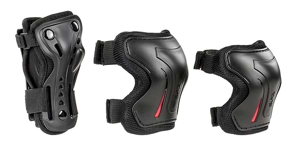The SFR Essentials Junior Triple Skate Protection Pad Set - Black provides entry-level protection with three black pieces: a wrist guard, an elbow pad, and a knee pad. Each piece includes impact caps, adjustable straps, and sleek red detailing for skating or biking.