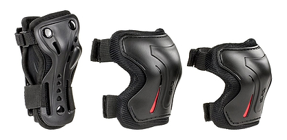The Legacy Fade Black / Grey Stunt Scooter Starter Bundle by Legacy includes three black protective pads with adjustable straps and red accents for wrists, elbows, and knees—ideal for beginner riders seeking impact protection.