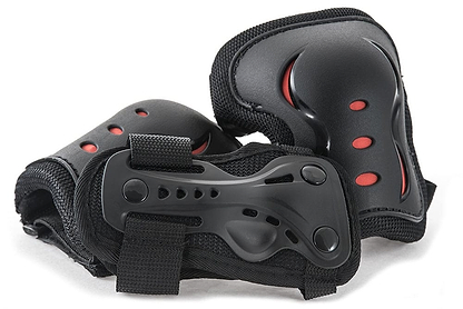 The Legacy Fade Black / Grey Stunt Scooter Starter Bundle by Legacy includes black protective pads with red accents for knees, elbows, or wrists—ideal for skating, biking, or starting out with a beginner stunt scooter.