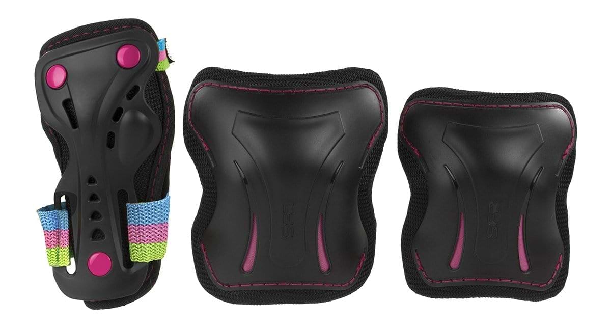 The SFR Essentials Junior Triple Skate Protection Pad Set in Disco Black includes three protective pads with colorful straps. Designed for young riders, it likely features a wrist guard and two pads that can be used as either elbow or knee guards. Each pad is adorned with vibrant pink and blue accents to ensure safety with style.