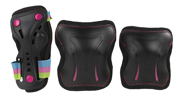 The SFR Essentials Junior Triple Skate Protection Pad Set in Disco Black includes three protective pads with colorful straps. Designed for young riders, it likely features a wrist guard and two pads that can be used as either elbow or knee guards. Each pad is adorned with vibrant pink and blue accents to ensure safety with style.