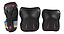 The SFR Essentials Junior Triple Skate Protection Pad Set in Disco Black includes three protective pads with colorful straps. Designed for young riders, it likely features a wrist guard and two pads that can be used as either elbow or knee guards. Each pad is adorned with vibrant pink and blue accents to ensure safety with style.