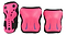 The SFR Essentials Junior Triple Skate Protection Pad Set in Pink/Blue features three bright pink pieces with black trim: a left wrist guard, and knee and elbow pads on the right. With impact caps for enhanced safety, they display the "SFR" logo accented in blue.