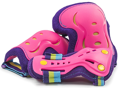 The SFR Essentials Junior Triple Skate Protection Pad Set - Tropical by SFR is a vibrant protection set featuring pink knee and elbow pads with purple trim and adjustable straps. Yellow accents enhance the style, while impact caps provide safety for activities such as skating or biking.