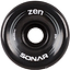 A close-up features a black Radar Sonar Zen 85A quad skate wheel showcasing the brand name "SONAR" and model "zen" in white text. The dimensions "62x32mm" and hardness rating "85a" are clearly visible on this budget-friendly outdoor wheel, which impresses with its sleek design accented by subtle gray lines—ideal for all your outdoor recreational activities.