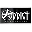 The Addict Scooters Logo Sticker - Black features bold white text that says "Addict Scootering" against a black background. A stylized "A," resembling a star or an anarchy symbol, embodies the rebellious spirit of the Addict brand, making it perfect as a large logo sticker.