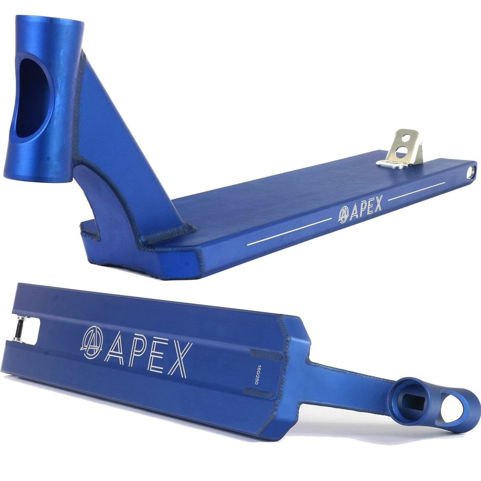 Introducing the Apex Pro Blue Boxed Stunt Scooter Deck - 5" x 20.1", featuring a cutout design and brand logo. This durable deck comes with an integrated head tube, flat bottom, and boxed ends for enhanced stability and performance.
