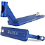 Introducing the Apex Pro Blue Boxed Stunt Scooter Deck - 5" x 20.1", featuring a cutout design and brand logo. This durable deck comes with an integrated head tube, flat bottom, and boxed ends for enhanced stability and performance.