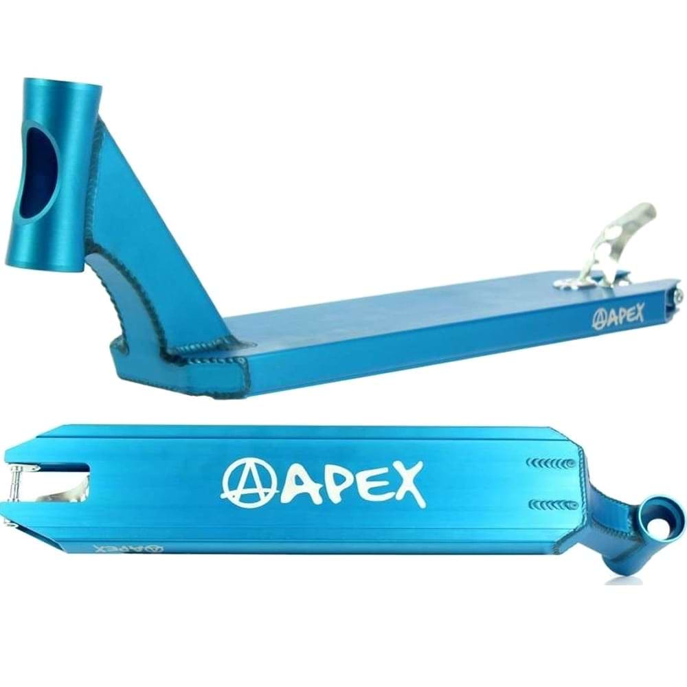 The Apex Pro Blue Stunt Scooter Deck, measuring 4.5" x 20.1", offers a robust and angled design, optimized for durability and top-tier performance in scooter riding. Adorned with a sleek white logo, this deck is an excellent choice for those who prioritize both reliability and style in their scooters.