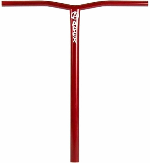 Discover the resilience of the Apex Bol Steel Oversized HIC Stunt Scooter Bars, made from robust scratch-resistant 4130 Chromoly Steel. Featuring a stylish T-shape design in red with a bold white "Apex" logo near the top, this handlebar ensures both style and strength.