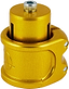 Close-up of a shiny, gold-colored mechanical part with a cylindrical shape, featuring bolts and grooves. The design is complemented by an engraved geometric logo or pattern on its surface, resembling the sleek Apex Lite 2 Bolt Oversized Stunt Scooter Clamp & HIC Kit by Apex.