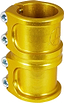 A close-up image of a gold, CNC-machined aluminum clamp from the Apex brand showcases its two-section design with four screws. The smooth, cylindrical shape features engraved lines and strongly resembles the Apex Lite 4 Bolt Oversized SCS Stunt Scooter Clamp, engineered for securely fastening tubular objects.