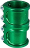 The Apex Lite 4 Bolt Oversized SCS Stunt Scooter Clamp in green is a metallic double clamp made from CNC machined 7075 aluminum. It includes four silver screws on one side for stable assembly of scooter parts. The clamp's surface is designed with a ribbed pattern and features an engraved logo, offering both style and resilience.