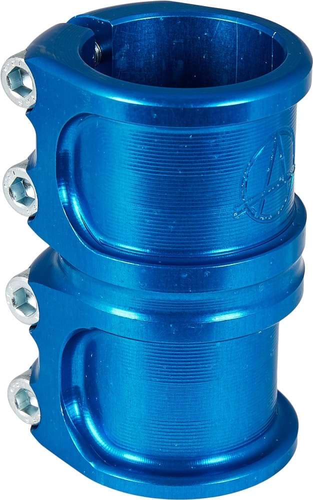 The Apex Lite 4 Bolt Oversized SCS Stunt Scooter Clamp by Apex is a robust blue clamp made from durable 7075 Aluminium. It includes four hex bolts, a textured finish, and prominently displays the Apex logo, making it perfect for securely fastening parts on scooters or similar equipment.