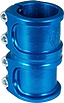 The Apex Lite 4 Bolt Oversized SCS Stunt Scooter Clamp by Apex is a robust blue clamp made from durable 7075 Aluminium. It includes four hex bolts, a textured finish, and prominently displays the Apex logo, making it perfect for securely fastening parts on scooters or similar equipment.