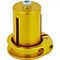 The Apex Mono Lite 1 Bolt Oversized Stunt Scooter Clamp & HIC Kit in gold features a cylindrical gold anodized metal part with a bolt on top and elongated slots on the sides, resembling a lightweight clamp. It is attached to a base with a threaded hole, making it suitable for mechanical or automotive applications, and is likely used as part of an Apex stunt scooter clamp system.